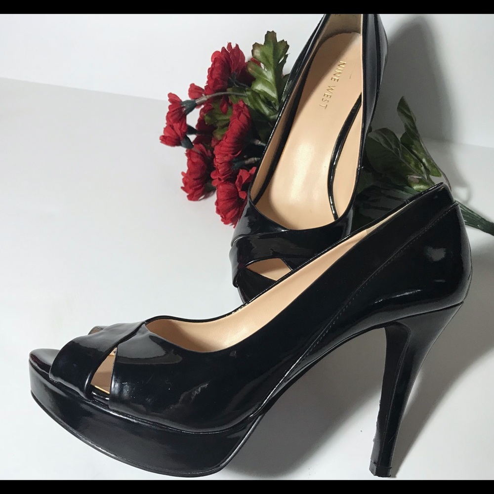 Nine West Black Patent Peep Toe Platform Heels